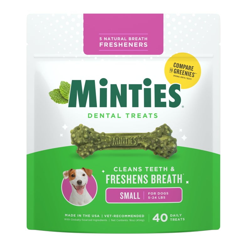 Minties Dog Dental Bone Treats, Tiny/Small Dental Dog Treats, 16 Ounces, Cleans Teeth, Fight Bad Breath, Removes Plaque and Tartar, 16 Count - Image 1