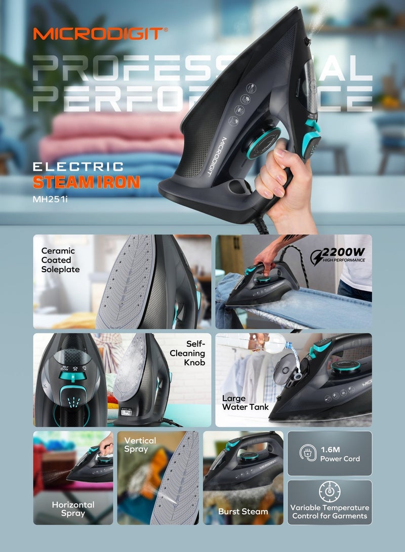Microdigit 2200W Multifunctional Steam Iron with Non-Stick Soleplate, Wet/Dry Function/Temperature Control, Dry/Steam Burst/Steam/Vertical Steam/Spray Function Black - Image 2