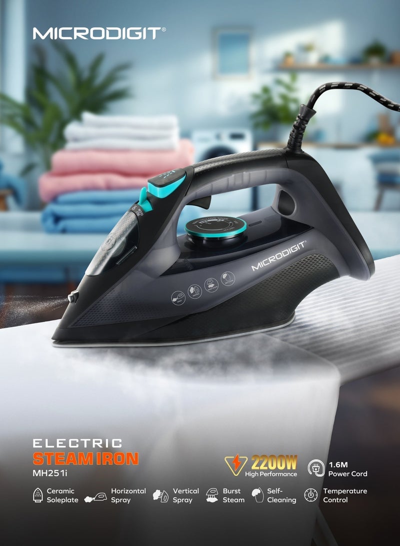 Microdigit 2200W Multifunctional Steam Iron with Non-Stick Soleplate, Wet/Dry Function/Temperature Control, Dry/Steam Burst/Steam/Vertical Steam/Spray Function Black - Image 5