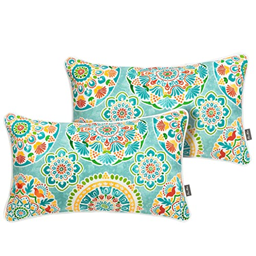 FUNHOME Indoor Outdoor Lumbar Pillow Covers ONLY, Water-Repellent Fade-Resistant Patio Lumbar Cases 12” x 20”, Throw Pillowcase Shell for Couch Garden Furniture Use -Cyan Circle - Image 1