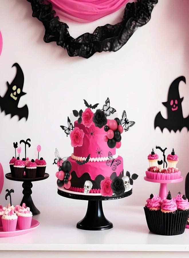 CORNER LACE 51Pcs Cake Decoration Rose Pink Black, Gothic Cake Topper Figurines Kit with Skull Bat Spider Butterfly Roses, Spooky Decor for Birthday Wedding Bachelorette Party Supplies - Image 3