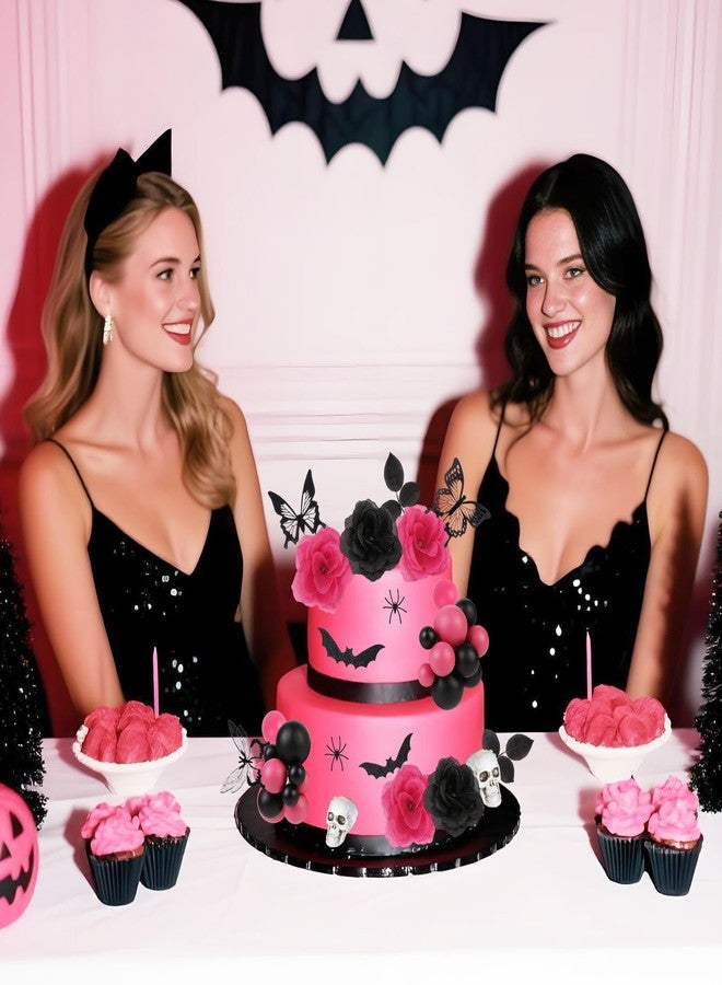 CORNER LACE 51Pcs Cake Decoration Rose Pink Black, Gothic Cake Topper Figurines Kit with Skull Bat Spider Butterfly Roses, Spooky Decor for Birthday Wedding Bachelorette Party Supplies - Image 2