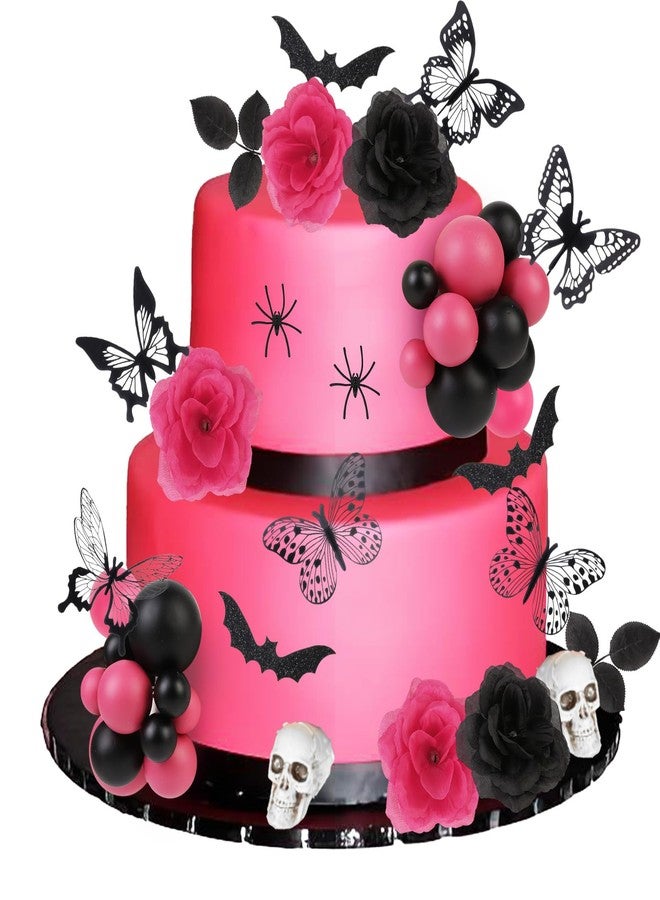 CORNER LACE 51Pcs Cake Decoration Rose Pink Black, Gothic Cake Topper Figurines Kit with Skull Bat Spider Butterfly Roses, Spooky Decor for Birthday Wedding Bachelorette Party Supplies - Image 1