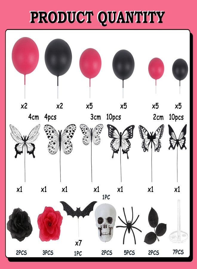CORNER LACE 51Pcs Cake Decoration Rose Pink Black, Gothic Cake Topper Figurines Kit with Skull Bat Spider Butterfly Roses, Spooky Decor for Birthday Wedding Bachelorette Party Supplies - Image 5