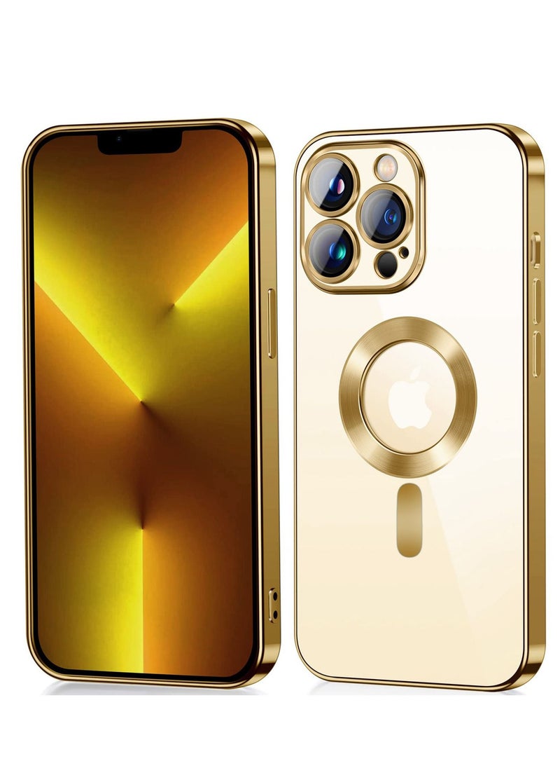 Generic Full Protection Clear Magnetic Case with Camera Lens Protector Compatible with MagSafe Anti-Scratch Case for iPhone 13 Pro Max Gold 