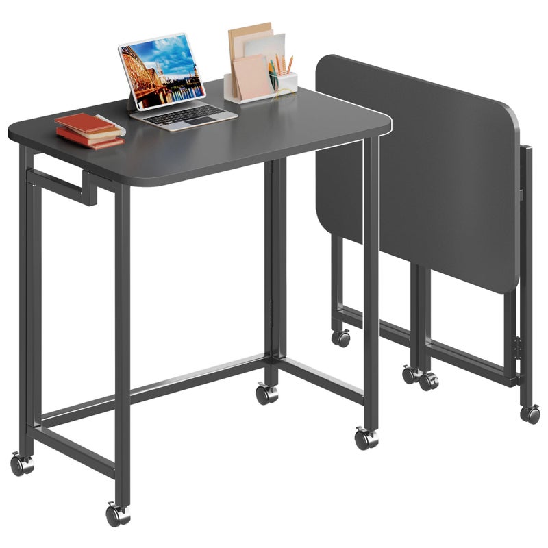 4NM 23.6" Mobile Small Rolling Computer Desk, Folding Laptop Cart Table with Wheels, Portable Office Desk for Small Space Couch Bed - All Black - Image 1