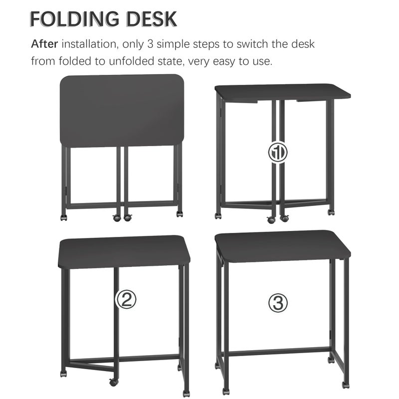 4NM 23.6" Mobile Small Rolling Computer Desk, Folding Laptop Cart Table with Wheels, Portable Office Desk for Small Space Couch Bed - All Black - Image 5