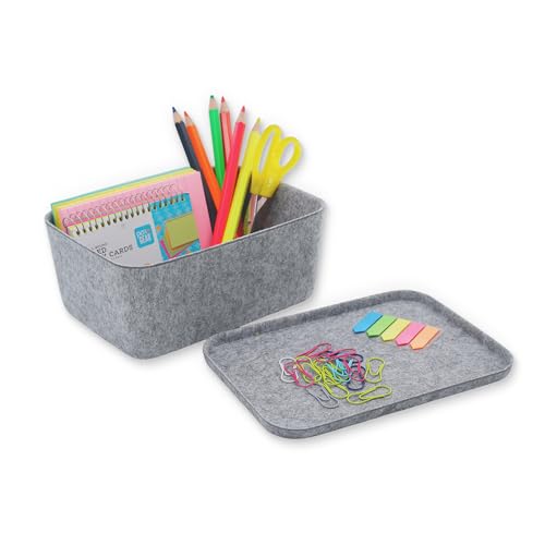 Welaxy Lidded office desk drawer organizer bins Deep draw organiser Felt storage box with lids for office supplies makeup jewelery decluttering fall gift Gray - Image 1