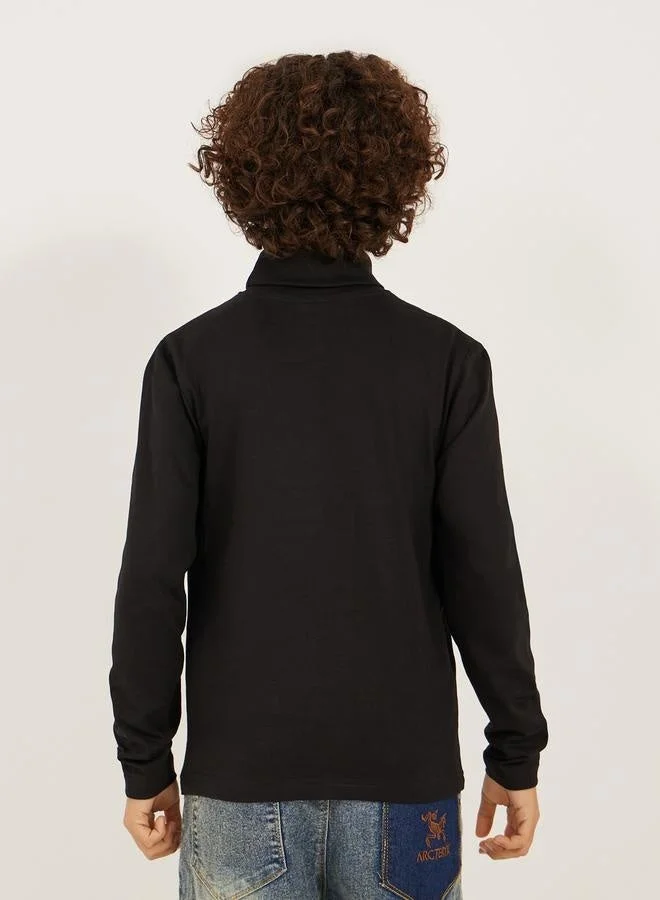 Styli Solid High-Neck T-Shirt with Patch Detail