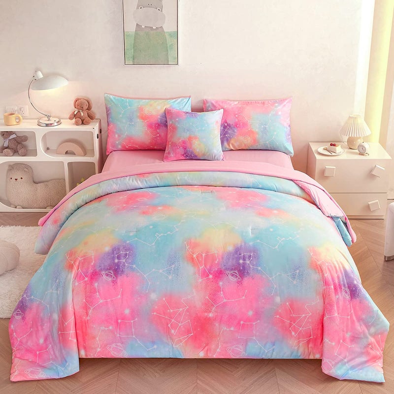 ASKOTU ASKOTU Pink Galaxy 6 Pcs Bed in a Bag Full Bedding Set for Girls Full Girls Comforter Set with Sheets 