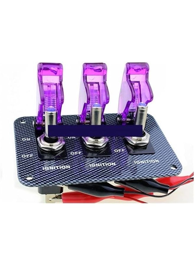 12V LED Toggle Switch with Transparent Purple Cap and Carbon Fiber Panel Blue Light - Image 4