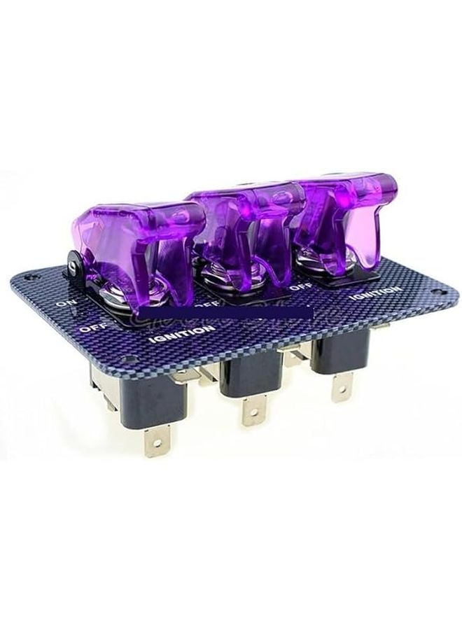 12V LED Toggle Switch with Transparent Purple Cap and Carbon Fiber Panel Blue Light - Image 2