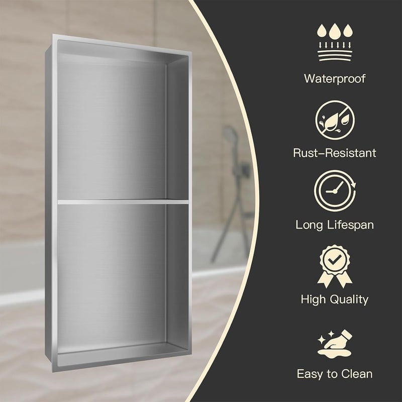 BATHFINESSE Niche for Shower Wall 12" X 24" Double Shelves, Niche Recessed Shower Shelf for Bathroom Storage, No Tile Needed Over Mount Installation, Brushed Nickel - Image 4