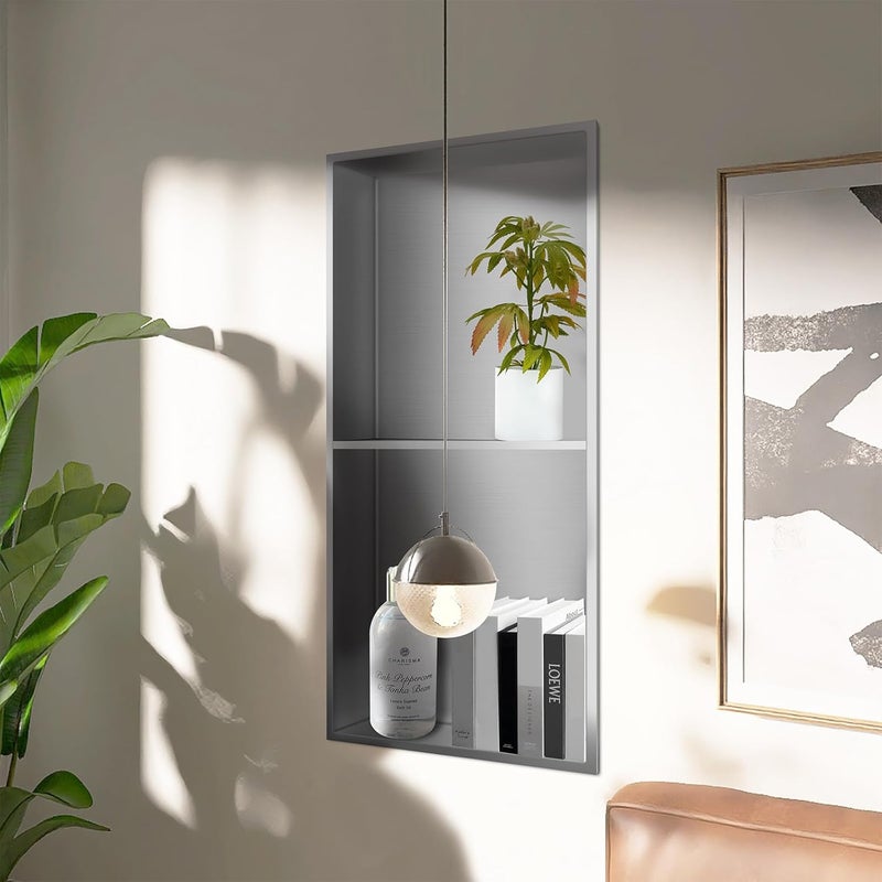 BATHFINESSE Niche for Shower Wall 12" X 24" Double Shelves, Niche Recessed Shower Shelf for Bathroom Storage, No Tile Needed Over Mount Installation, Brushed Nickel - Image 3