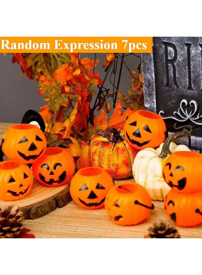 Halloween Pumpkin Barrel Decorations 7pcs Plastic Jack O Lanterns With Black Accents - Image 2
