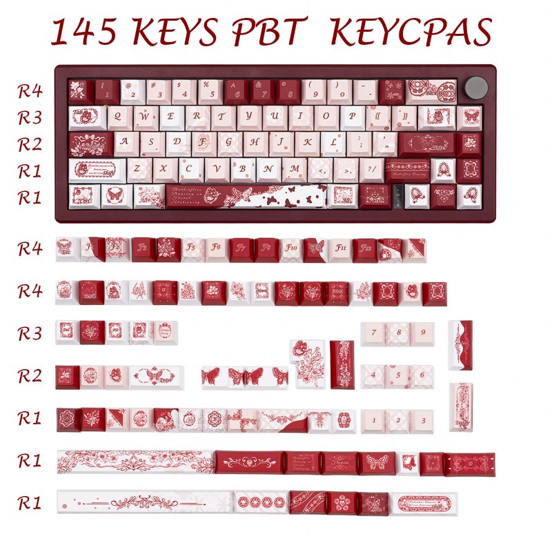 TIMSEKER PBT Keycap Set 145 Keys Cherry Profile Retro Butterfly Theme Dye Sublimation Keycaps White Red Pink Custom Gaming Accessories Fit for 61/64/87/104/108 Mechanical Keyboards Alice Keyboard - Image 2