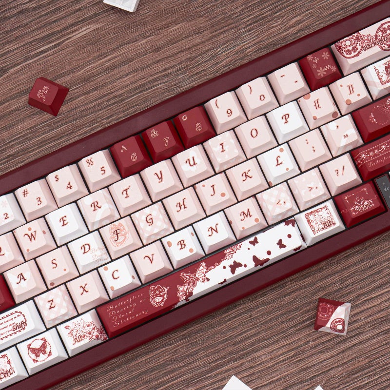 TIMSEKER PBT Keycap Set 145 Keys Cherry Profile Retro Butterfly Theme Dye Sublimation Keycaps White Red Pink Custom Gaming Accessories Fit for 61/64/87/104/108 Mechanical Keyboards Alice Keyboard - Image 5