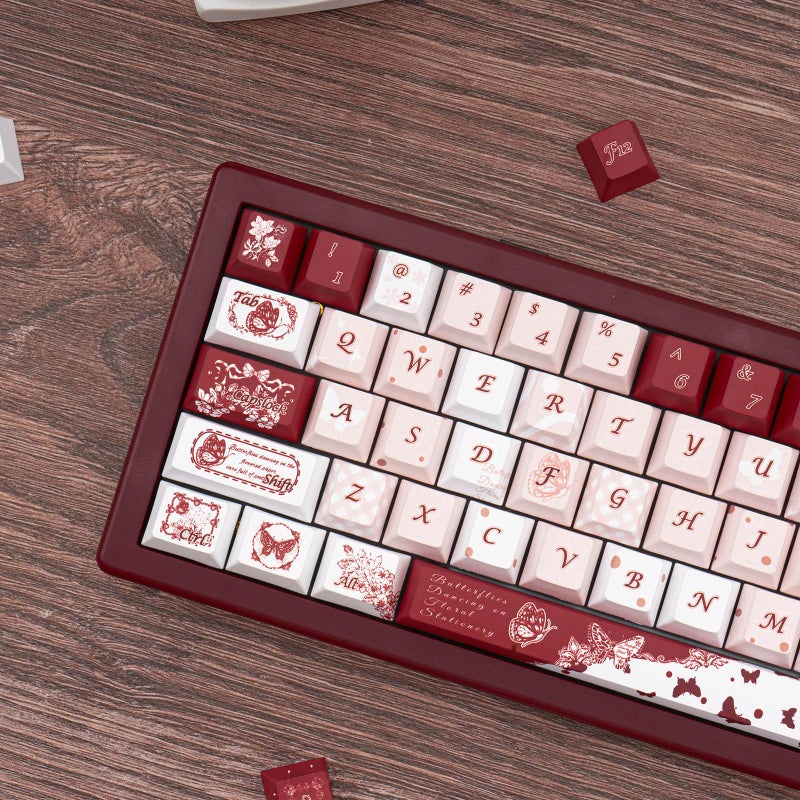 TIMSEKER PBT Keycap Set 145 Keys Cherry Profile Retro Butterfly Theme Dye Sublimation Keycaps White Red Pink Custom Gaming Accessories Fit for 61/64/87/104/108 Mechanical Keyboards Alice Keyboard - Image 3