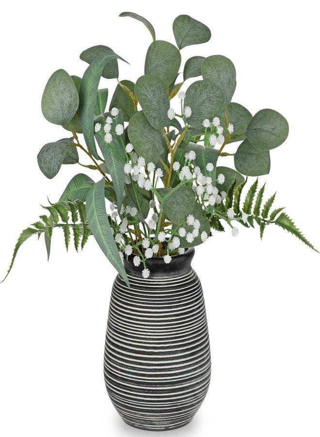 Briful Artificial Floral Arrangement Centerpiece with Eucalyptus & Mixed Greenery – 14.5” Pre-Arranged Faux Flowers in Textured Black & White Ceramic Vase for Table, Shelf & Entryway Décor - Image 1