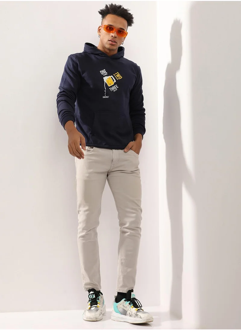 Campus Sutra Men's Navy Blue Pour Beer Hoodie With Kangaroo Pocket