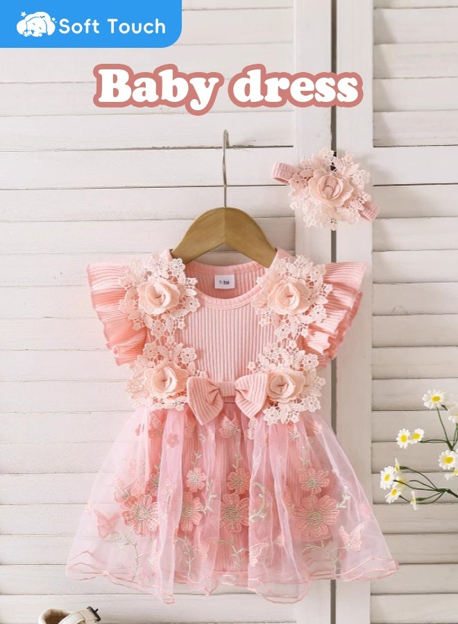 Soft Touch Baby Dress, Baby Girl Princess Romper Dress, Infant Clothes, Baby Outfit, Toddler Casual Bowknot Bodysuit, Toddler Flowers Lace Clothes with Headband, Princess Costume for 3-6 Months Babies - Image 1