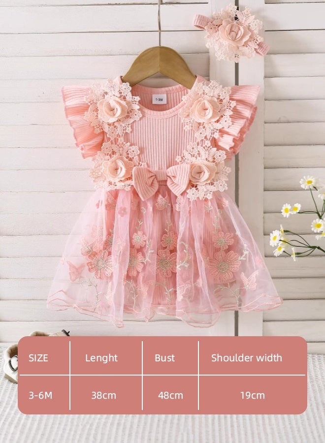 Soft Touch Baby Dress, Baby Girl Princess Romper Dress, Infant Clothes, Baby Outfit, Toddler Casual Bowknot Bodysuit, Toddler Flowers Lace Clothes with Headband, Princess Costume for 3-6 Months Babies - Image 2