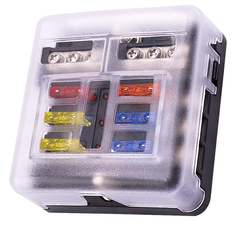tatida 6 Way Fuse Block,12V Blade Fuse 6 Circuit ATC/ATO Waterproof Fuse Box Holder with LED Indicator Waterpoof Cover for 12V/24V Automotive Truck Boat Marine RV Van Vehicle - Image 1