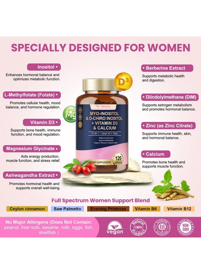 Totaria Totaria 15-in-1 Myo-Inositol & D-Chiro Inositol for Women, 2050 mg Inositol Supplement w/DIM, Berberine, MTHF, Vitamin D, Clinically 40:1 Ratio, for Hormone Balance, Ovarian Function, 120 Capsules  - Image 3