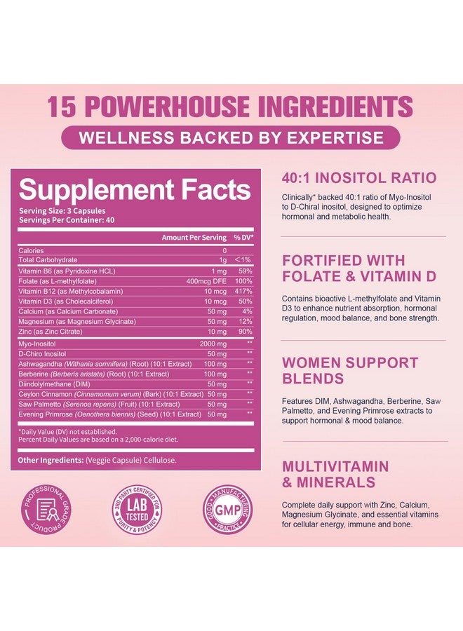 Totaria Totaria 15-in-1 Myo-Inositol & D-Chiro Inositol for Women, 2050 mg Inositol Supplement w/DIM, Berberine, MTHF, Vitamin D, Clinically 40:1 Ratio, for Hormone Balance, Ovarian Function, 120 Capsules  - Image 2