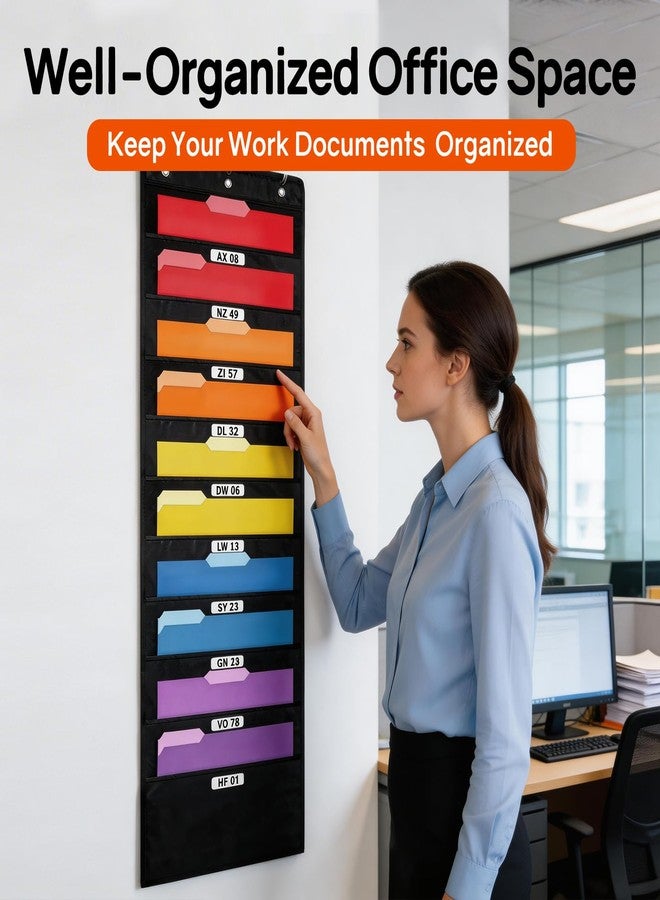 SUNEE 10 Pockets Hanging Wall File Organizer, Black Storage Pocket Chart for File Folder and Paper, Space Saver for Office and Classroom, with Wall Hangers, Over The Door Hooks, Labels - Image 2