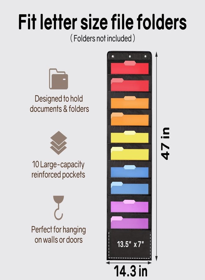 SUNEE 10 Pockets Hanging Wall File Organizer, Black Storage Pocket Chart for File Folder and Paper, Space Saver for Office and Classroom, with Wall Hangers, Over The Door Hooks, Labels - Image 3