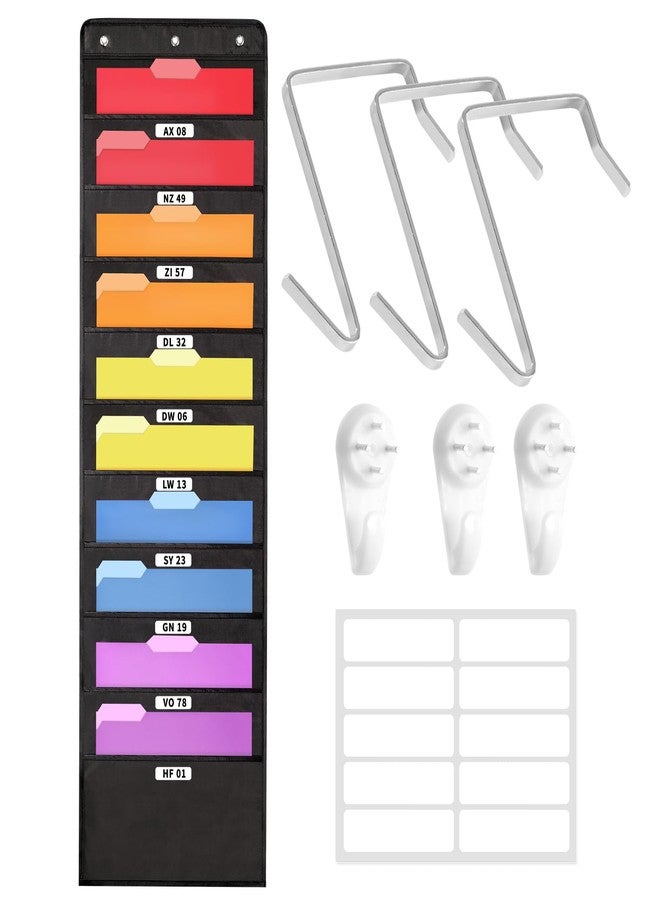 SUNEE 10 Pockets Hanging Wall File Organizer, Black Storage Pocket Chart for File Folder and Paper, Space Saver for Office and Classroom, with Wall Hangers, Over The Door Hooks, Labels - Image 1