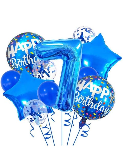 13Pcs Blue 7st Birthday Balloon Set – 32 Number 7 Foil Balloon, Happy Birthday Round Balloons, Star Balloons & Confetti Balloons Party Decoration Kit for Boys