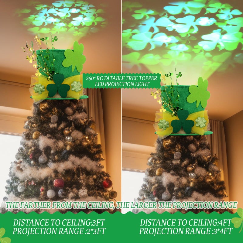 Glooglitter St. Patrick's Day Tree Topper Hat with Projector Large Green Clover Velvet Hat Leprechaun Decor with LED Light Rotating Green Shamrock for St Patricks Day Irish Home Decoration - Image 3