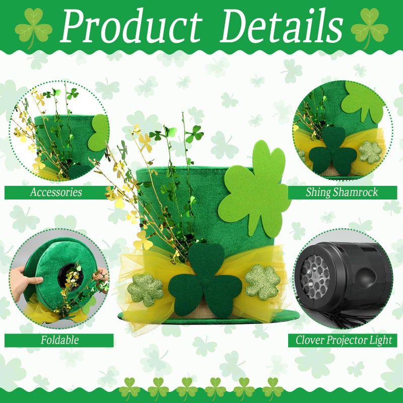 Glooglitter St. Patrick's Day Tree Topper Hat with Projector Large Green Clover Velvet Hat Leprechaun Decor with LED Light Rotating Green Shamrock for St Patricks Day Irish Home Decoration - Image 2