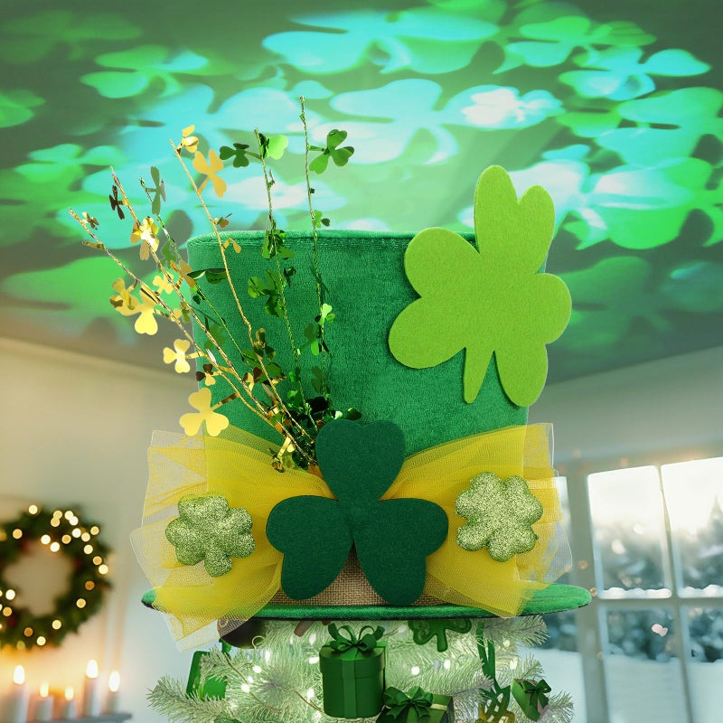 Glooglitter St. Patrick's Day Tree Topper Hat with Projector Large Green Clover Velvet Hat Leprechaun Decor with LED Light Rotating Green Shamrock for St Patricks Day Irish Home Decoration - Image 1