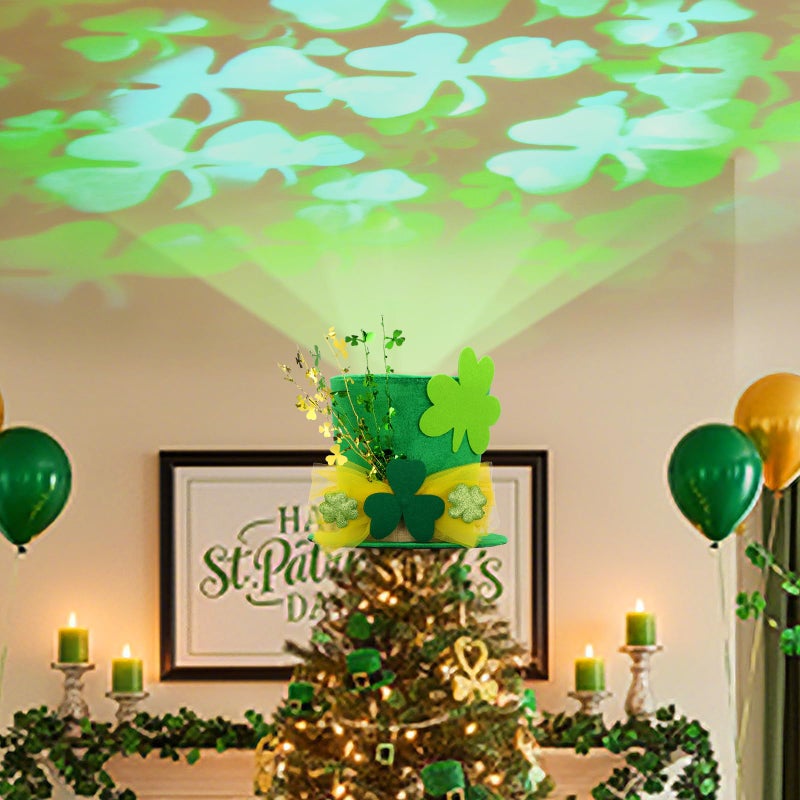 Glooglitter St. Patrick's Day Tree Topper Hat with Projector Large Green Clover Velvet Hat Leprechaun Decor with LED Light Rotating Green Shamrock for St Patricks Day Irish Home Decoration - Image 4