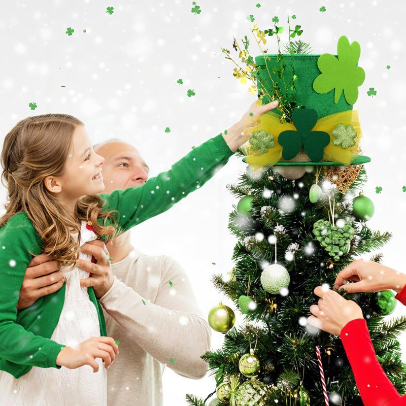 Glooglitter St. Patrick's Day Tree Topper Hat with Projector Large Green Clover Velvet Hat Leprechaun Decor with LED Light Rotating Green Shamrock for St Patricks Day Irish Home Decoration - Image 5