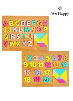 We Happy 62 Pieces Wooden Learning ABC 123 Puzzle, Early Education Activity Numbers Alphabets Board Toy for Toddlers  - Image 1