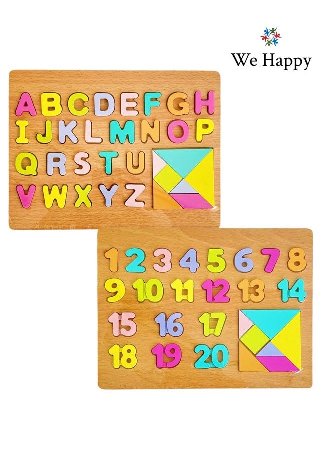 We Happy 62 Pieces Wooden Learning ABC 123 Puzzle, Early Education Activity Numbers Alphabets Board Toy for Toddlers  - Image 1