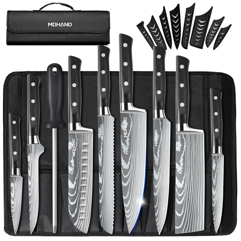 MDHAND Professional Chef Knife Set with Roll Bag, 9PCS Japanese Kitchen Knife Set with Sharpener, High Carbon Stainless Steel Kitchen Knives - Forged Triple Rivet, Dishwasher Safe, Chef Gifts, Black - Image 1