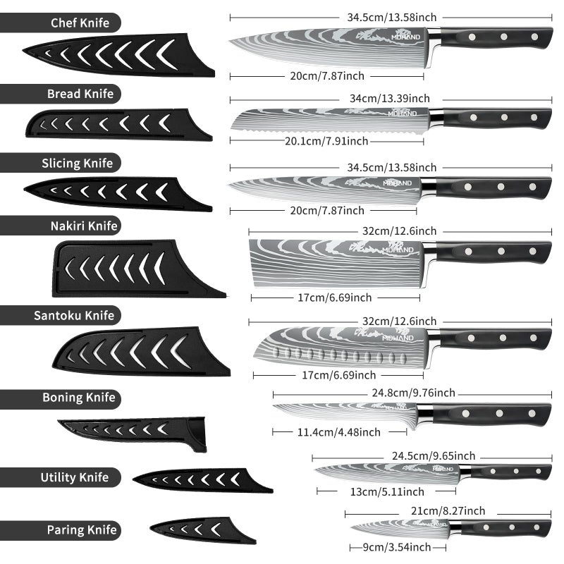MDHAND Professional Chef Knife Set with Roll Bag, 9PCS Japanese Kitchen Knife Set with Sharpener, High Carbon Stainless Steel Kitchen Knives - Forged Triple Rivet, Dishwasher Safe, Chef Gifts, Black - Image 2