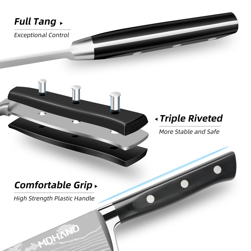 MDHAND Professional Chef Knife Set with Roll Bag, 9PCS Japanese Kitchen Knife Set with Sharpener, High Carbon Stainless Steel Kitchen Knives - Forged Triple Rivet, Dishwasher Safe, Chef Gifts, Black - Image 4
