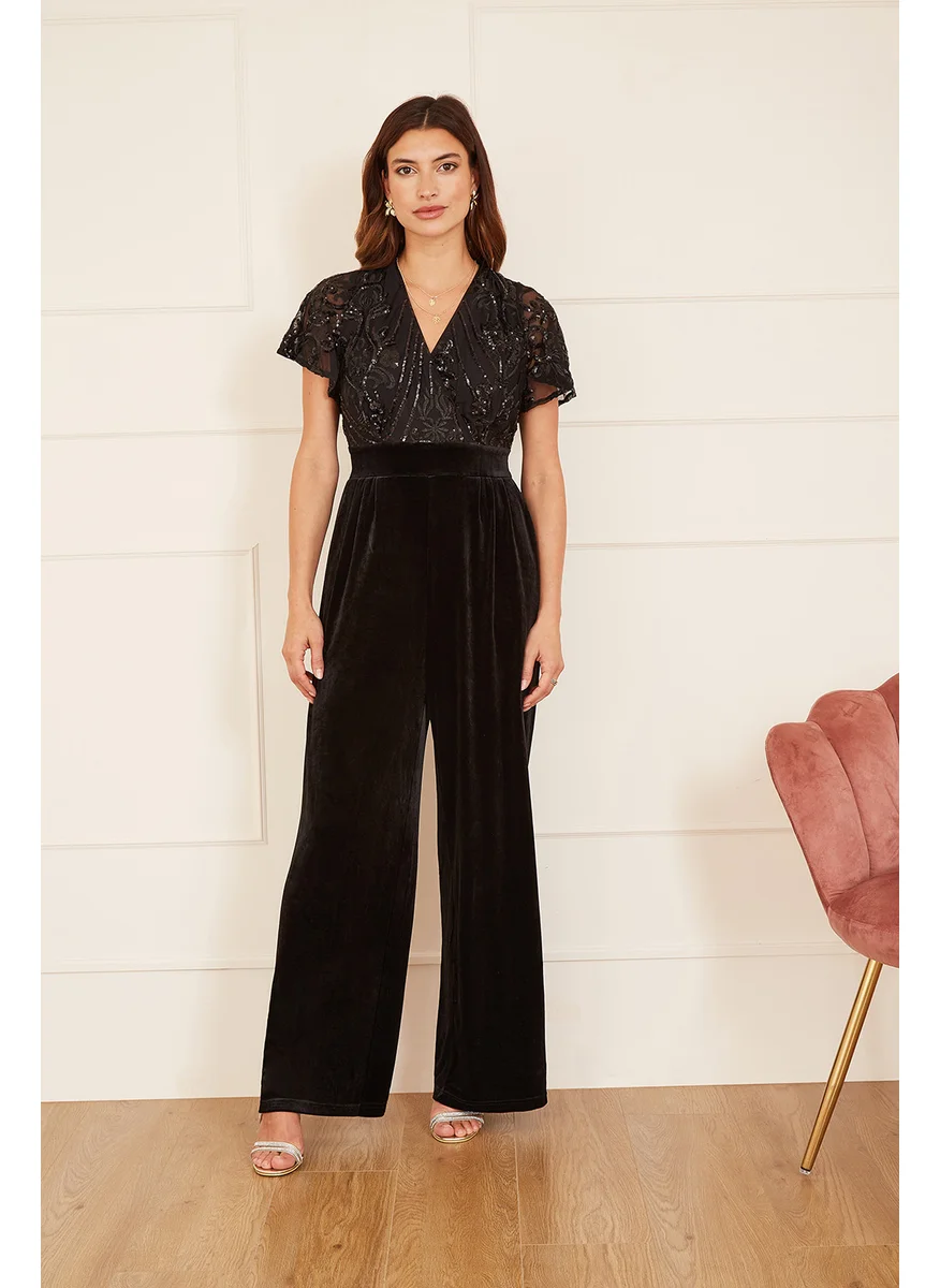 Yumi Sequin Embellished Velvet Jumpsuit With Angel Sleeves