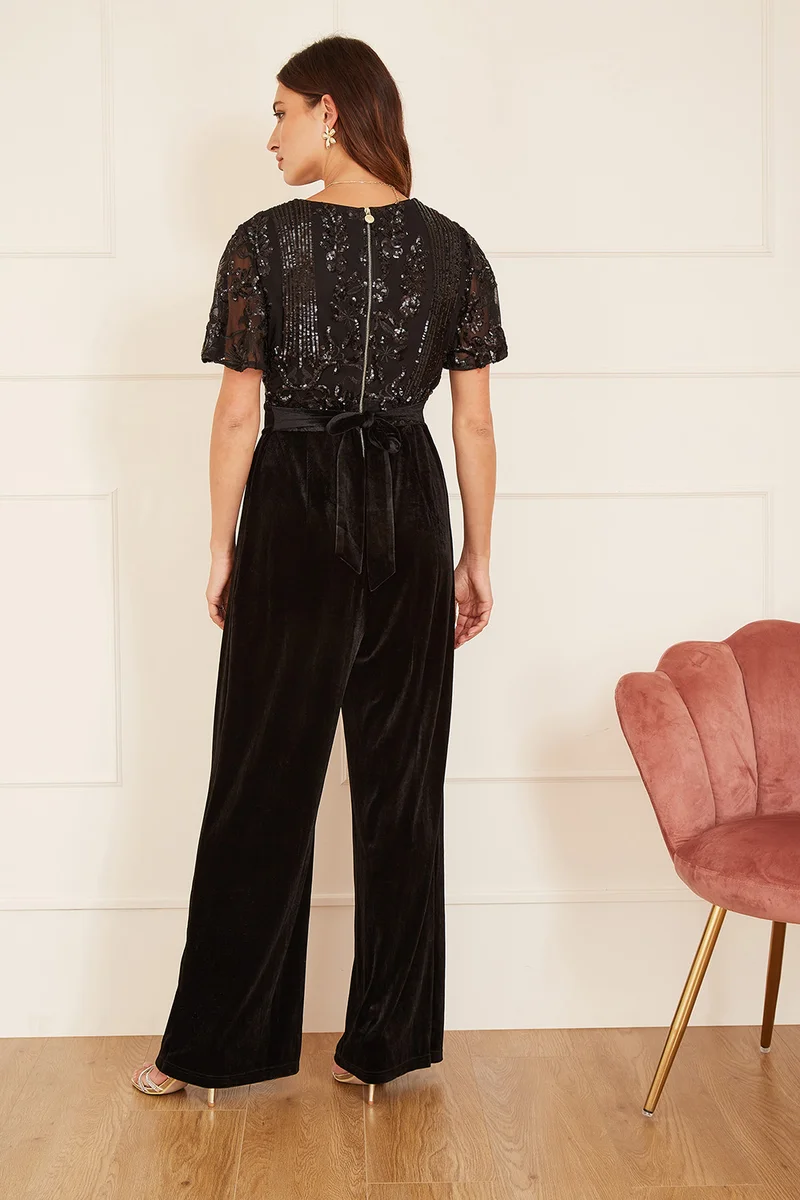 Yumi Sequin Embellished Velvet Jumpsuit With Angel Sleeves