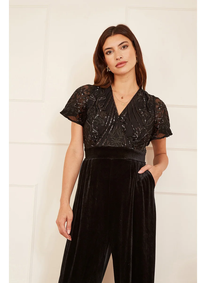 Yumi Sequin Embellished Velvet Jumpsuit With Angel Sleeves