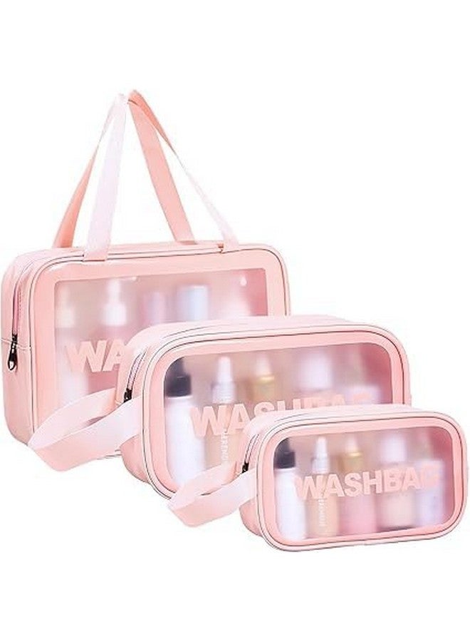 GELON Toiletry Bag Set, 3 Pack Clear Travel Washbags, [Multi Colour] Matte Translucent Cosmetic Organiser with Handle - Image 1