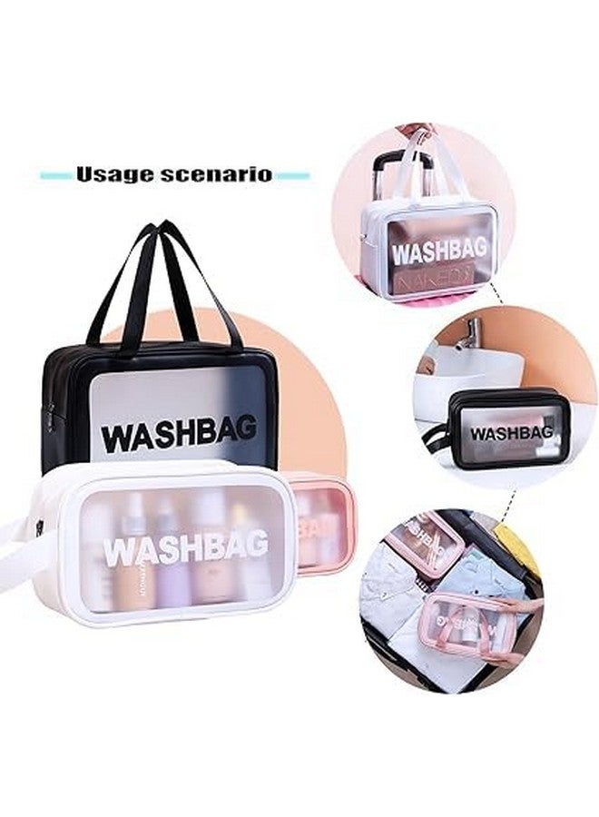 GELON Toiletry Bag Set, 3 Pack Clear Travel Washbags, [Multi Colour] Matte Translucent Cosmetic Organiser with Handle - Image 5