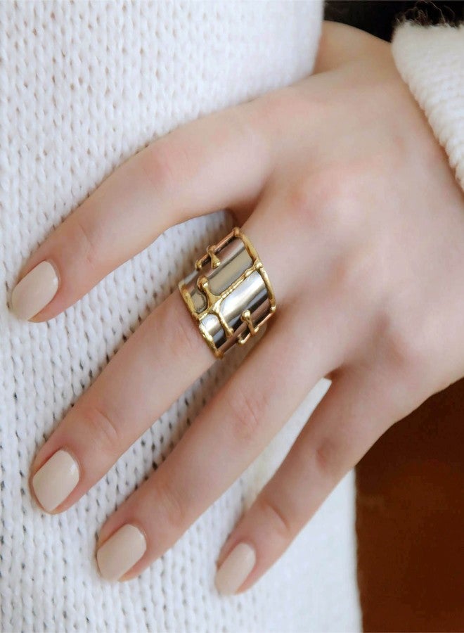 Anju Tri-Tone Cross Pattern Cuff Ring - Image 4