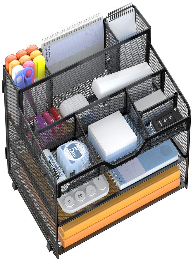 Docnest 3 Tier Mesh Desk Organizer for Paper Office Supplies – Multi-Functional Letter Tray with 5 Adjustable Compartments, 3 Pen Holders, Desktop Storage for Files, Mail, Stationery – Black - Image 1